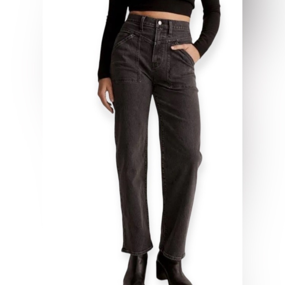 Madewell the perfect vintage wide leg jean black acid wash patch pocket detail